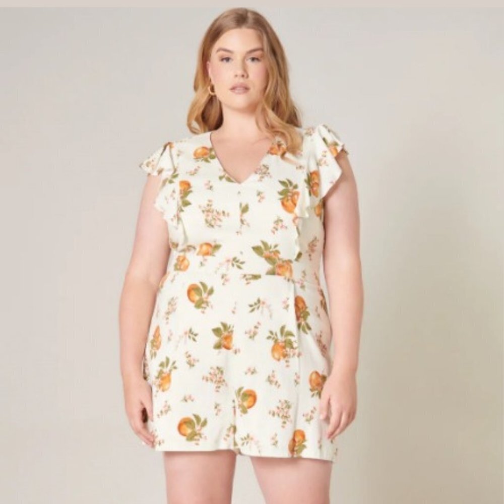 Sugarlips Women's Curve White Orange Arancia Ruffle Shoulder Romper